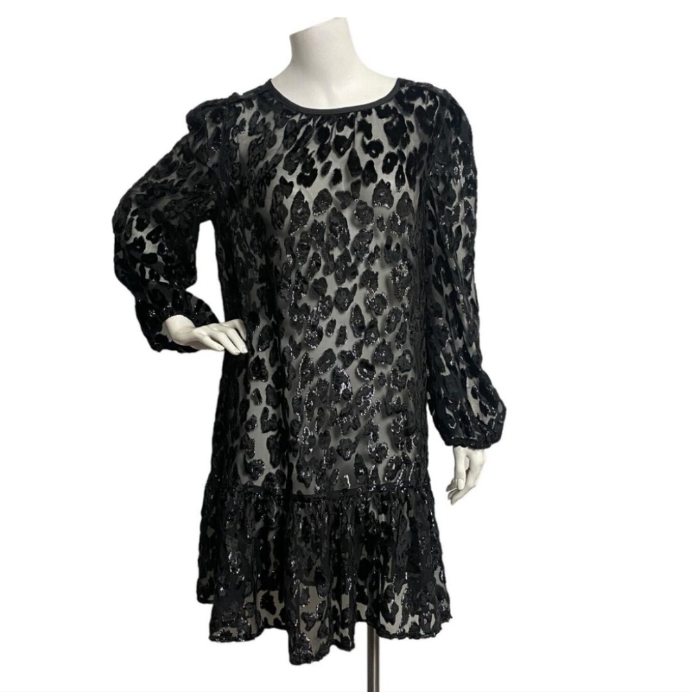 J Crew Flutter Hem Drop Waist Leopard Black Shimmer Dress Size 2